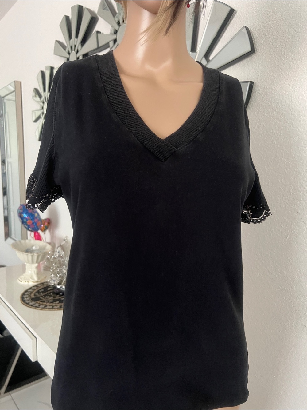 DKNY Black V-Neck Short Sleeve Top with Crochet Sleeve Trim